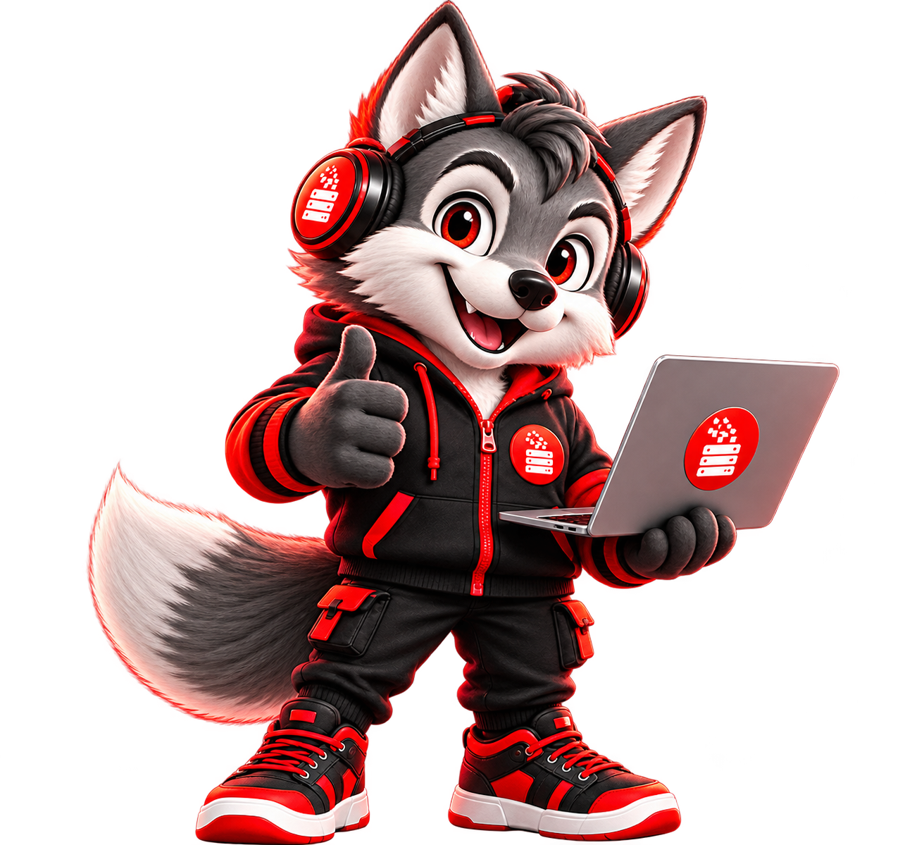 Lobo 3D de EmpresarialHost con laptop y detalles rojos